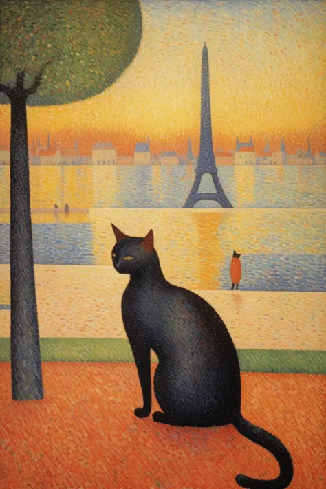 <lora:Paul Signac Style:1>Paul Signac Style - painting by Georges-Pierre Seurat depicting a colored cat