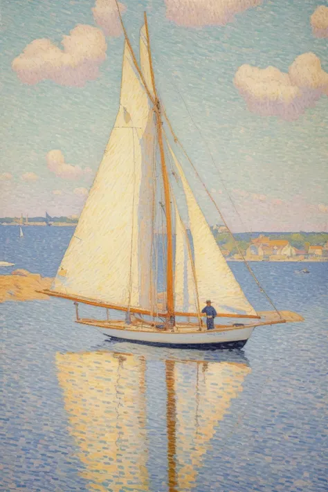 <lora:Paul Signac Style:1>Paul Signac Style - a newly discovered van Rysselberghe painting of a single mast sailboat