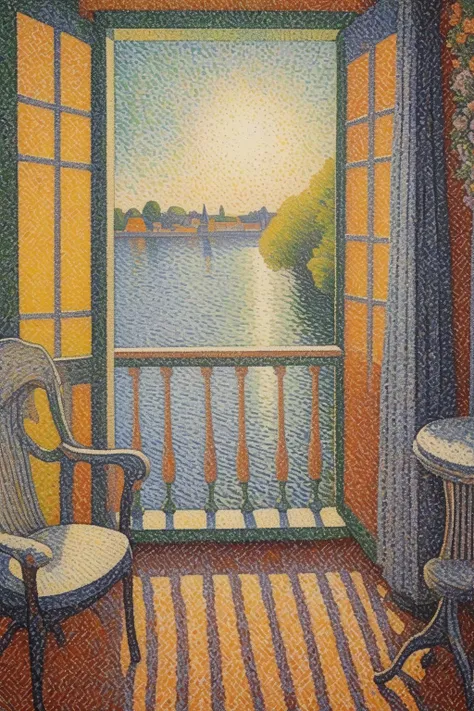 <lora:Paul Signac Style:1>Paul Signac Style - pointillism painting by Paul signac of a balcony. the balcony watching a beutiful lake.