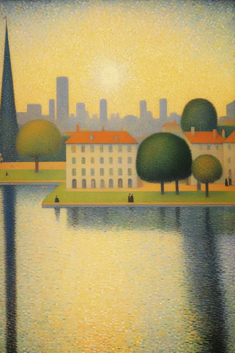 <lora:Paul Signac Style:1>Paul Signac Style - a painting by Georges Pierre Seurat, about a future theatre house in the lake, with a modern city as background