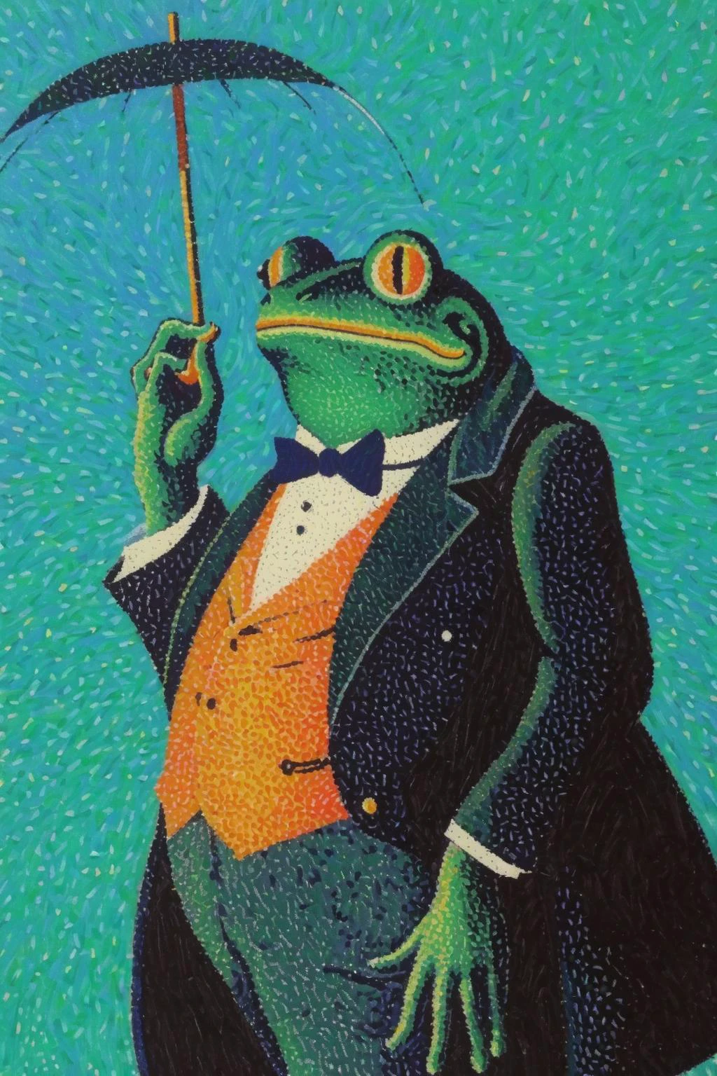 Paul Signac Style - pointillism painting by Paul signac ,a dandy man with a full frog head, suit, holding a small umbrella <lora:Paul Signac Style:1>