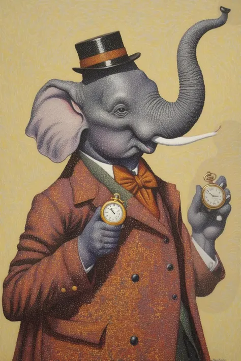 Paul Signac Style - pointillism painting by Paul signac ,detective sherlock holmes elephant hybrid, holding pocket watch <lora:Paul Signac Style:1>