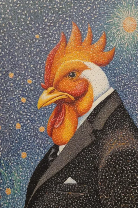 Paul Signac Style - pointillism painting by Paul signac ,a man with a ull chicken head, black suit, side view <lora:Paul Signac Style:1>