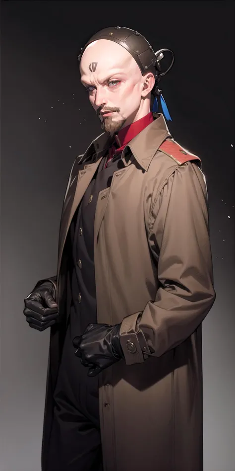 1boy
(glowing eyes) (hazel_eyes)
realistic
brown overcoat, military_coat, military_uniform
bald, black headwear,
masterpiece, high quality,
highres, absurdres
<lora:Yuri:0.25> yuri