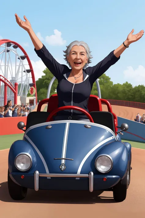 old woman in a rollercoaster, gray hair, happy expression, arms high in the air, wind, speed, cheering,
cartoon, highly detailed, 4k