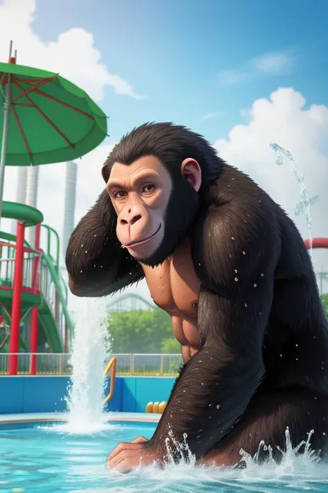ape in a waterpark, holding an umbrella, water, splashing, drops, unhappy expression,
cartoon, highly detailed, 4k