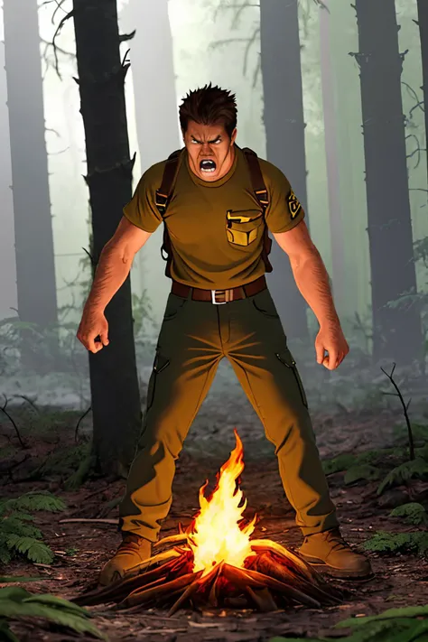 angry hunters in the woods, pants on fire,