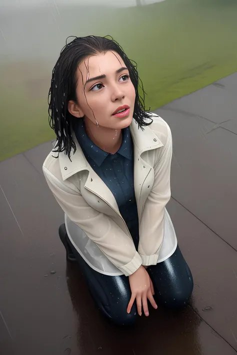 1girl, kneeling, rain, wind, wet, weit hair, looking up, from above, outside, realistic