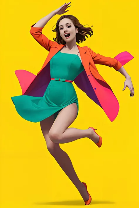 1girl, jumping, yellow background, red dress, green, blue, pink, orange,