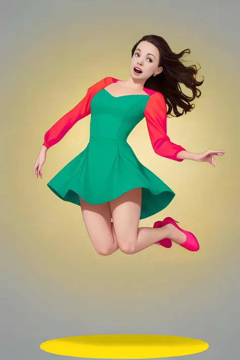 1girl, jumping, yellow background, red dress, green, blue, pink, orange,
