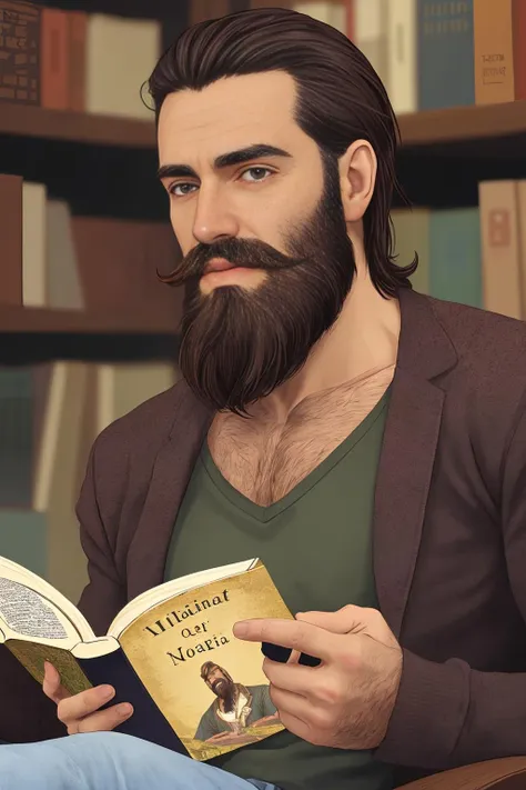 man, beard, reading a book, cinematic, detailed, realistic,