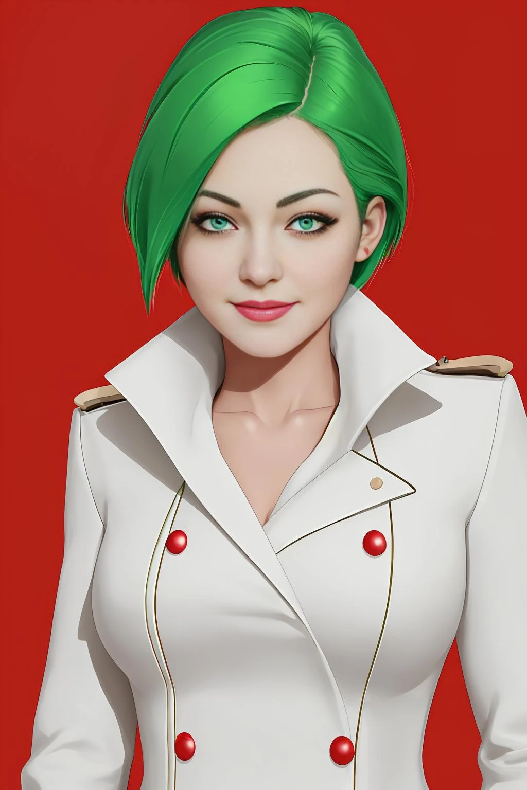 1girl, green hair, blinking with one eye, smirk, long white coat, highly detailed, realistic, plain red background,