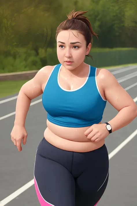 1girl, chubby, training outfit, sport, running, exercise, sweaty