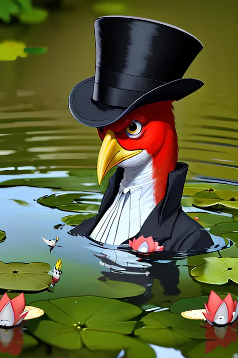 ugly bird, angry, in a pond, closeup, glasses, top hat,