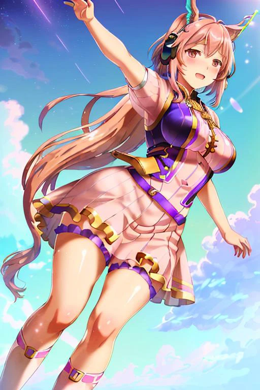 Uma Musume, (((photorealistic))), extremely detailed CG unity 8k wallpaper, masterpiece, best quality, high resolution, dynamic pose, full-body,
a handsome girl with pink (horse ears) and ((short hair)), (curvy pink hair), wearing purple dresses,