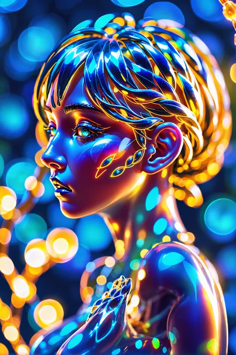 solid colors, 1girl, woman, deep azure skin, f/1.4 lens, bokeh, tiny Rowan tree nymph, see-through gossamer, bombshell hair, neon platinum hair, Braided Chignon, thicc hourglass figure, small breasts, japanese, (golden hour, scenery, "at the Bokeh Ephemeral Archive":1)<lora:EnvyFacetedXL01:1>