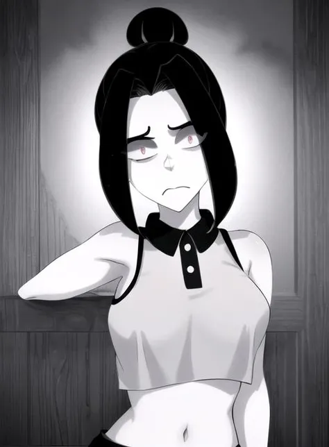 best quality, (masterpiece),(ultra-detailed), (high quality), (high resolution), <lora:gracy-10:0.7>,1girl, black eyes, black hair, collared shirt, constricted pupils,, gracy, hair bun, holding, male focus, meme, miniskirt, monochrome, parody, photo background, rainbow, sad, sleeveless, solo, uncensored, upper body, white shirt