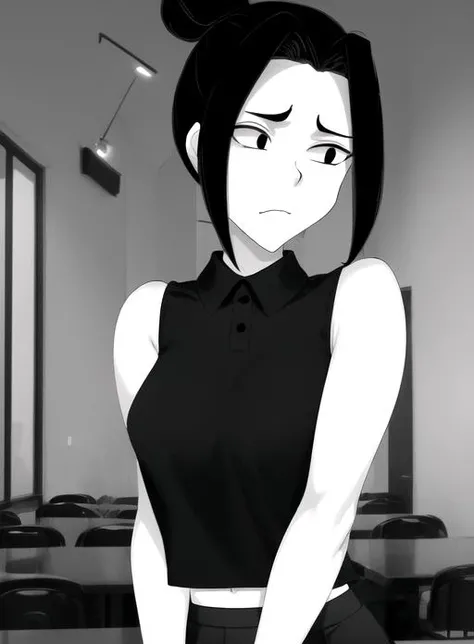 best quality, (masterpiece),(ultra-detailed), (high quality), (high resolution), <lora:gracy-10:0.7>,1girl, black eyes, black hair, green collared shirt,, gracy, hair bun, holding, male focus, meme, miniskirt, monochrome, parody, photo background, rainbow, sad, sleeveless, solo, uncensored, upper body, white shirt