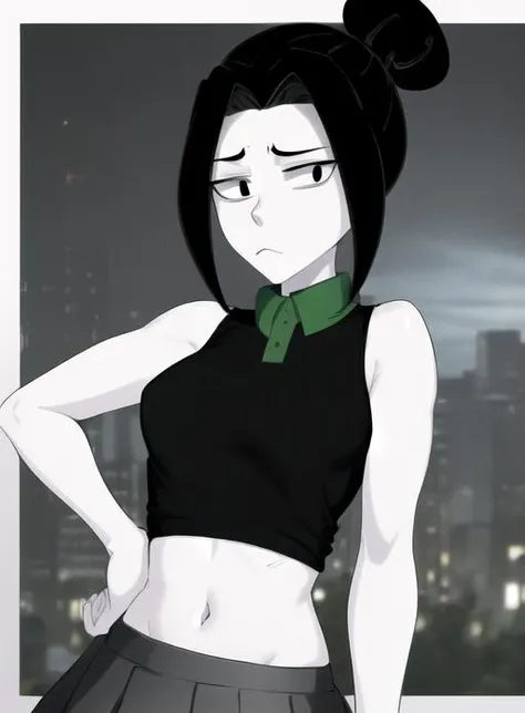best quality, (masterpiece),(ultra-detailed), (high quality), (high resolution), <lora:gracy-10:0.7>,1girl, black eyes, black hair, green collared shirt,, gracy, hair bun, holding, male focus, meme, miniskirt, monochrome, parody, photo background, rainbow, sad, sleeveless, solo, uncensored, upper body, white shirt