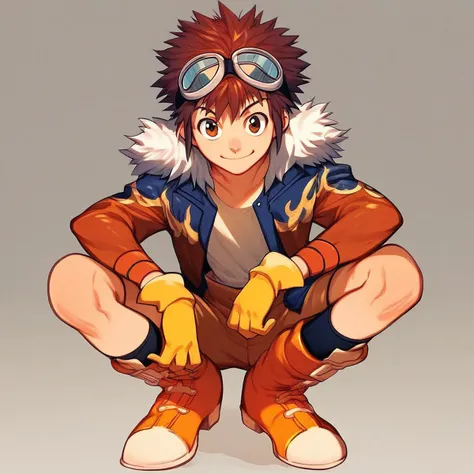 score_9, score_8_up, score_7_up, score_6_up, score_5_up, score_4_up, source_anime, 1boy, daisuke, solo, full body, squatting, smile, looking at viewer, brown eyes, brown hair, short hair, spiked hair, goggles, goggles on head, jacket, open clothes, open jacket, fur trim, fur-trimmed jacket, shirt, gloves, yellow gloves, shorts, brown shorts, boots, orange footwear, socks