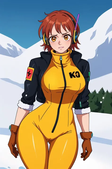 best quality, afterglow, 4k, ((masterpiece)), extremely detailed, 8k, trending on ArtStation, Intricate, High Detail, Sharp focus, eghdcl <lora:eghdcl:1>, 1girl, solo, outdoors, snowy, headphones, gloves, underwear, bodysuit, (jacket), high collar, thick thighs, wide hips,