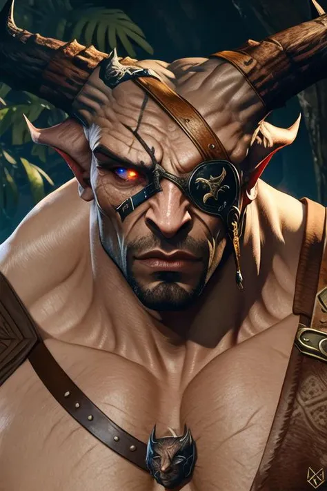 iron bull, horns, grey skin, eyepatch, detailed eye, mature male, penis, male focus, solo, <lora:Nlo_IronBull_v1:0.9>