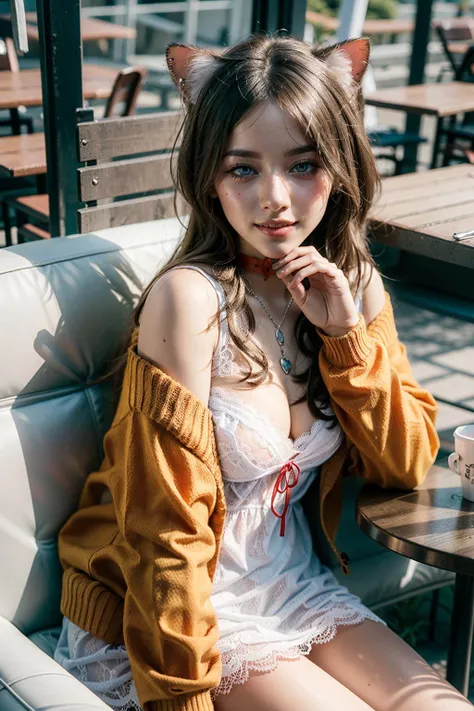 (realistic:1.3), finely detailed, quality, rembrandt lighting, (masterpiece:1.2), (photorealistic:1.2), (best quality), (detailed skin:1.3), (intricate details), dramatic, ray tracing, 1girl, american girl, sakurai hana, 21 years old, detailed skin texture, (blush:0.5), (goosebumps:0.5), subsurface scattering, smiling, happy, medium breasts, hair ornament, cat ears, cat tail, brown hair, blue eyes, (red cardigan:1.2), off shoulder, white dress, red ribbon, lace trim, choker, (bright sunny day, cafe, sitting, cafe decorations, food, coffee cup), <lora:vtuber_sakurai:1>