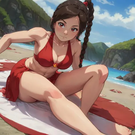 comic ,<lora:ty-000006:0.6>, tylee, 1girl, skirt, 1 braid, navel, red swimsuit, feet, portrait, close up, face, . graphic illustration, comic art, graphic novel art, vibrant, highly detailed