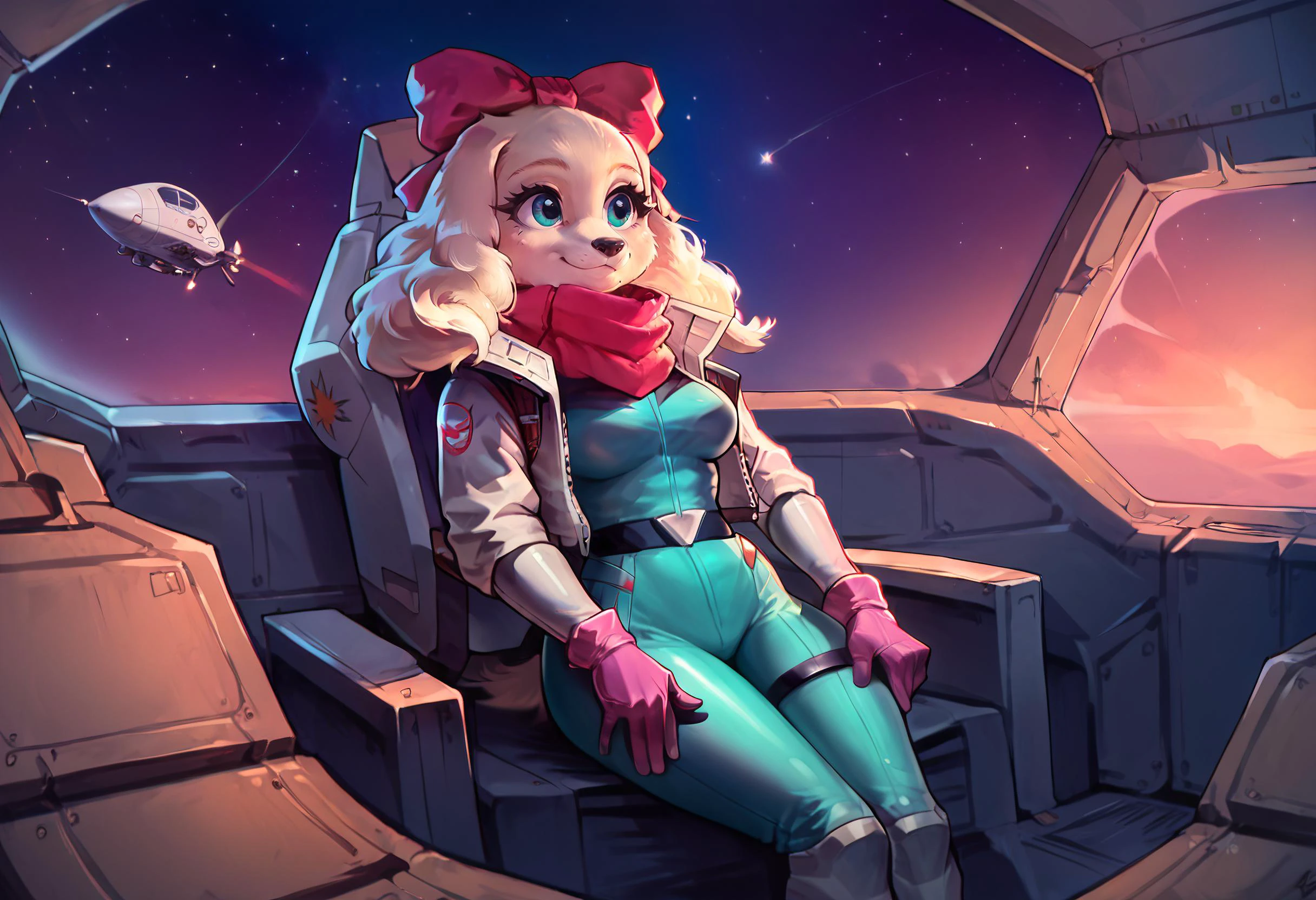 score_9, score_8_up, score_7_up, score_6_up,score_5_up,score_4_up, 1girl, fay, furry, FURRY, cute, sexy, white space pilot costume, space helmet, sitting down on pilot seat, busy, in fighter ship, in space port, crowded, <lora:Fay_Sinclair_Fay_Spaniel_Star_Fox:1> <lora:norman_rockwell_style_animagine3.1_v12:2>, ZPDXL, <lora:more_details:1> <lora:Concept Art Ultimatum Style LoRA_Pony XL v6:1> smooth anime,