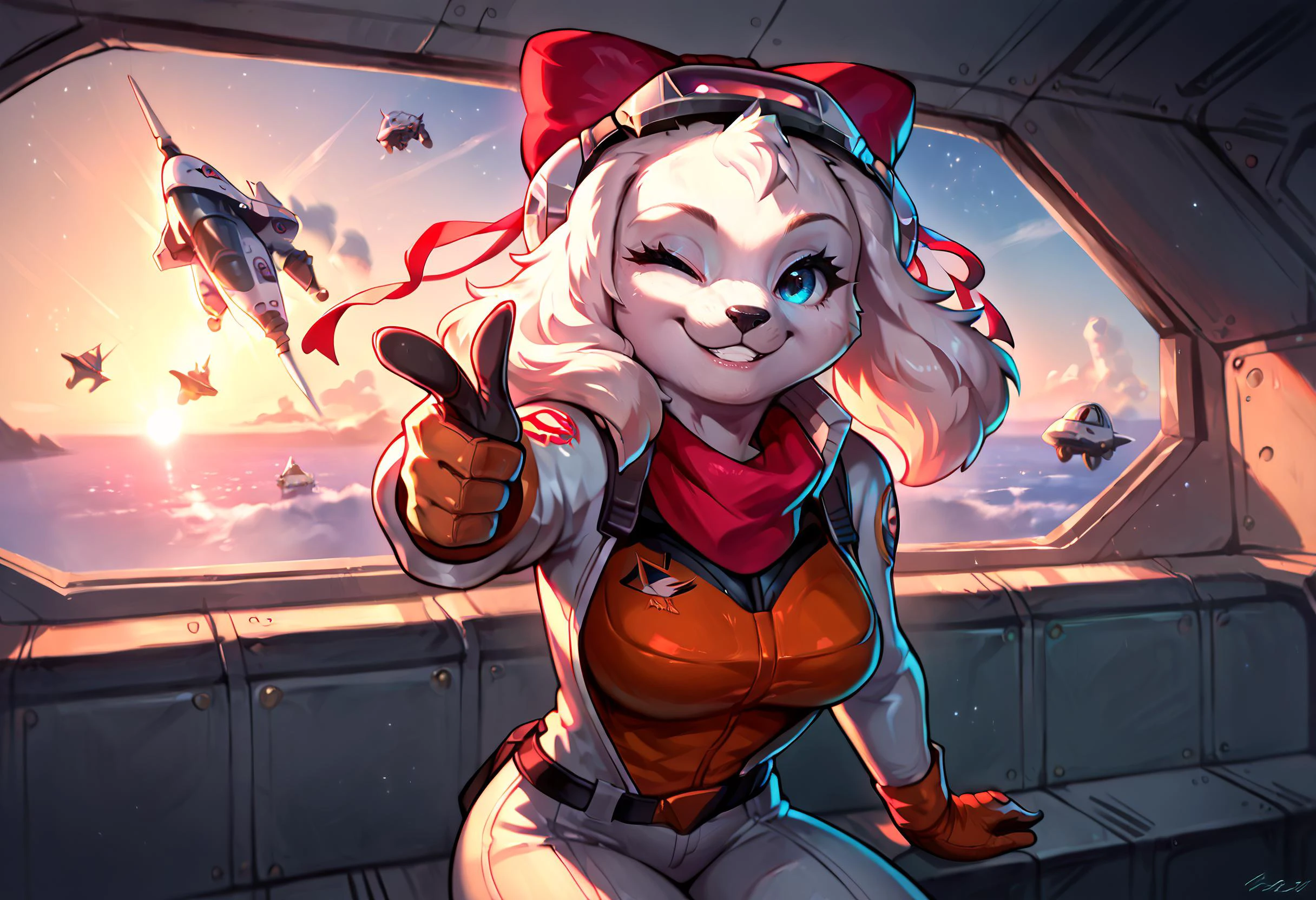 score_9, score_8_up, score_7_up, score_6_up,score_5_up,score_4_up, source furry, 1girl, fay, furry, cute, sexy, finger gun, pointing at viewer, <lora:Fingergun_XLPD:1>, one eye closed, smiling, white space pilot costume, space helmet, sitting down on pilot seat, busy, in fighter ship, in space port, crowded, <lora:Fay_Sinclair_Fay_Spaniel_Star_Fox:.8>, ZPDXL, <lora:more_details:1> <lora:Concept Art Ultimatum Style LoRA_Pony XL v6:1> smooth anime,