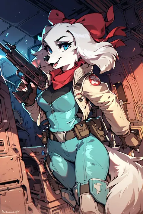 score_9, score_8_up, score_7_up, <lora:Fay_Sinclair_Fay_Spaniel_Star_Fox:1> 1girl, fay, furry, in spaceship, holding, blaster, battlefield, behind cover