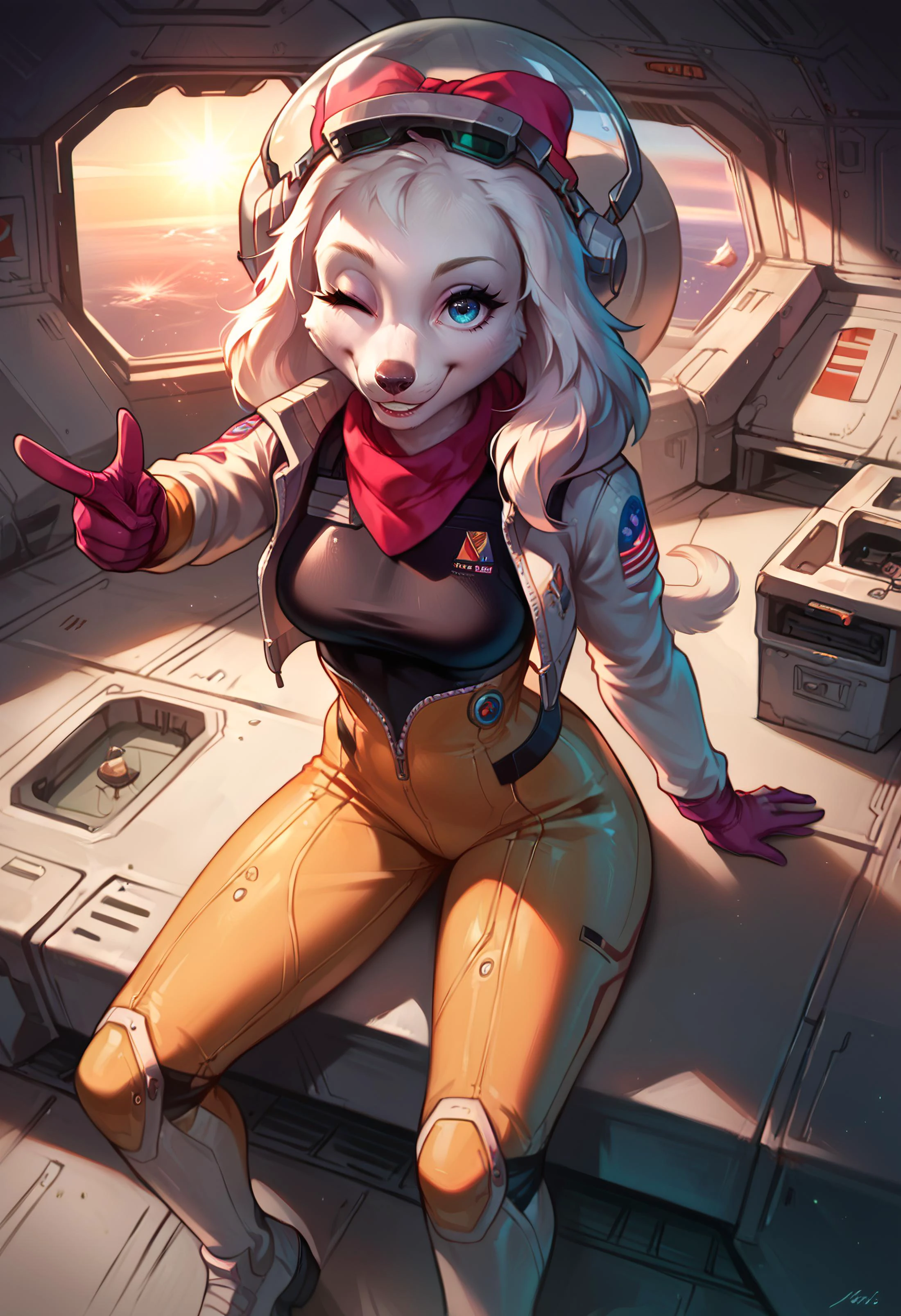 score_9, score_8_up, score_7_up, score_6_up,score_5_up,score_4_up, source furry, 1girl, fay, furry, cute, sexy, finger gun, pointing at viewer, one eye closed, smiling, white space pilot costume, space helmet, sitting down on pilot seat, busy, in fighter ship, in space port, crowded, <lora:Fay_Sinclair:1>, ZPDXL, <lora:more_details:1> <lora:Concept Art Ultimatum Style LoRA_Pony XL v6:1> smooth anime,