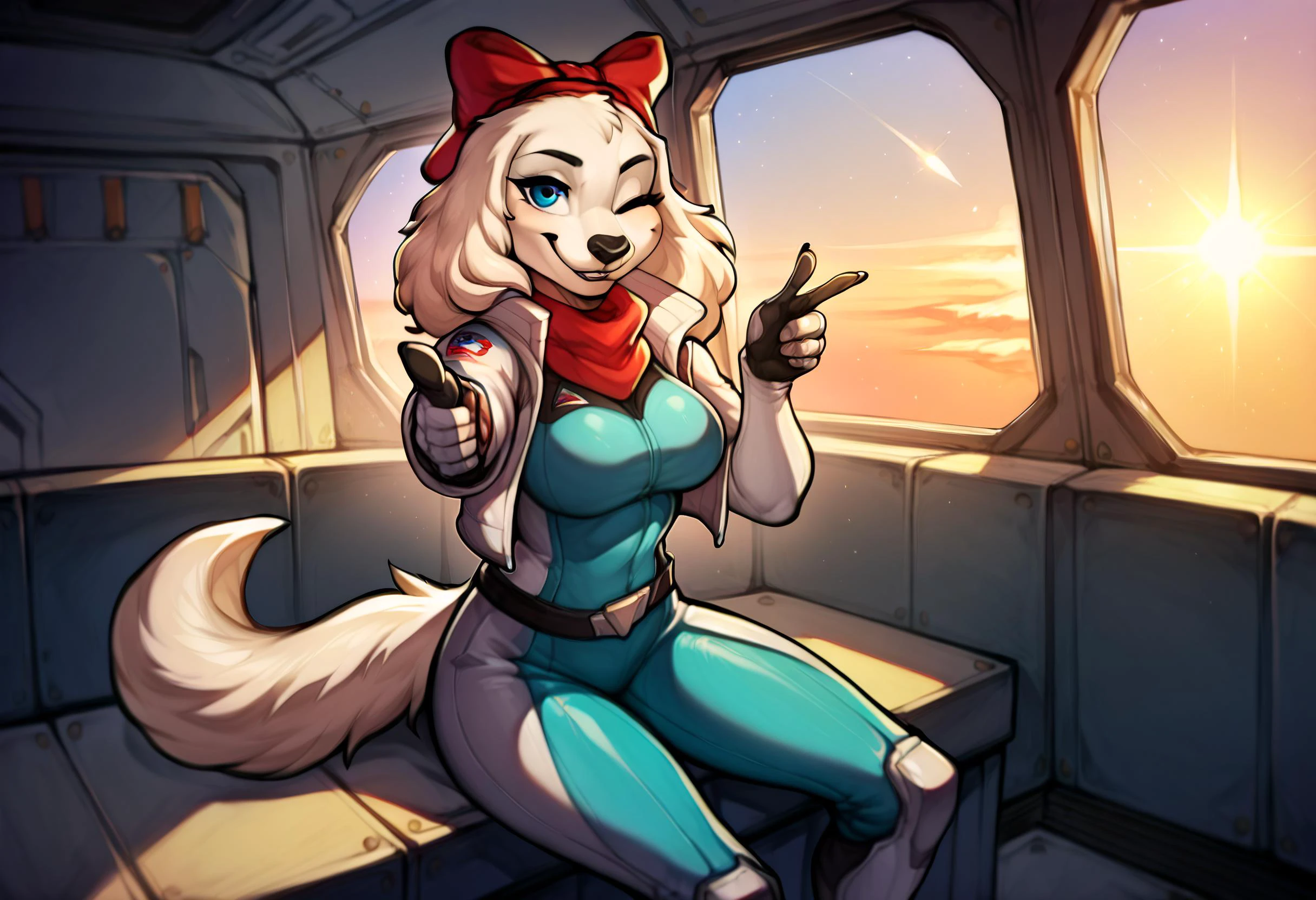 score_9, score_8_up, score_7_up, score_6_up,score_5_up,score_4_up, source furry, 1girl, fay, furry, cute, sexy, finger gun, pointing at viewer, <lora:Fingergun_XLPD:.6>, one eye closed, smiling, white space pilot costume, space helmet, sitting down on pilot seat, busy, in fighter ship, in space port, crowded, FLVCIL20 STYLE, <lora:Fay_Sinclair_Fay_Spaniel_Star_Fox:.8> <lora:style_20_flvcil20_style:1>, ZPDXL