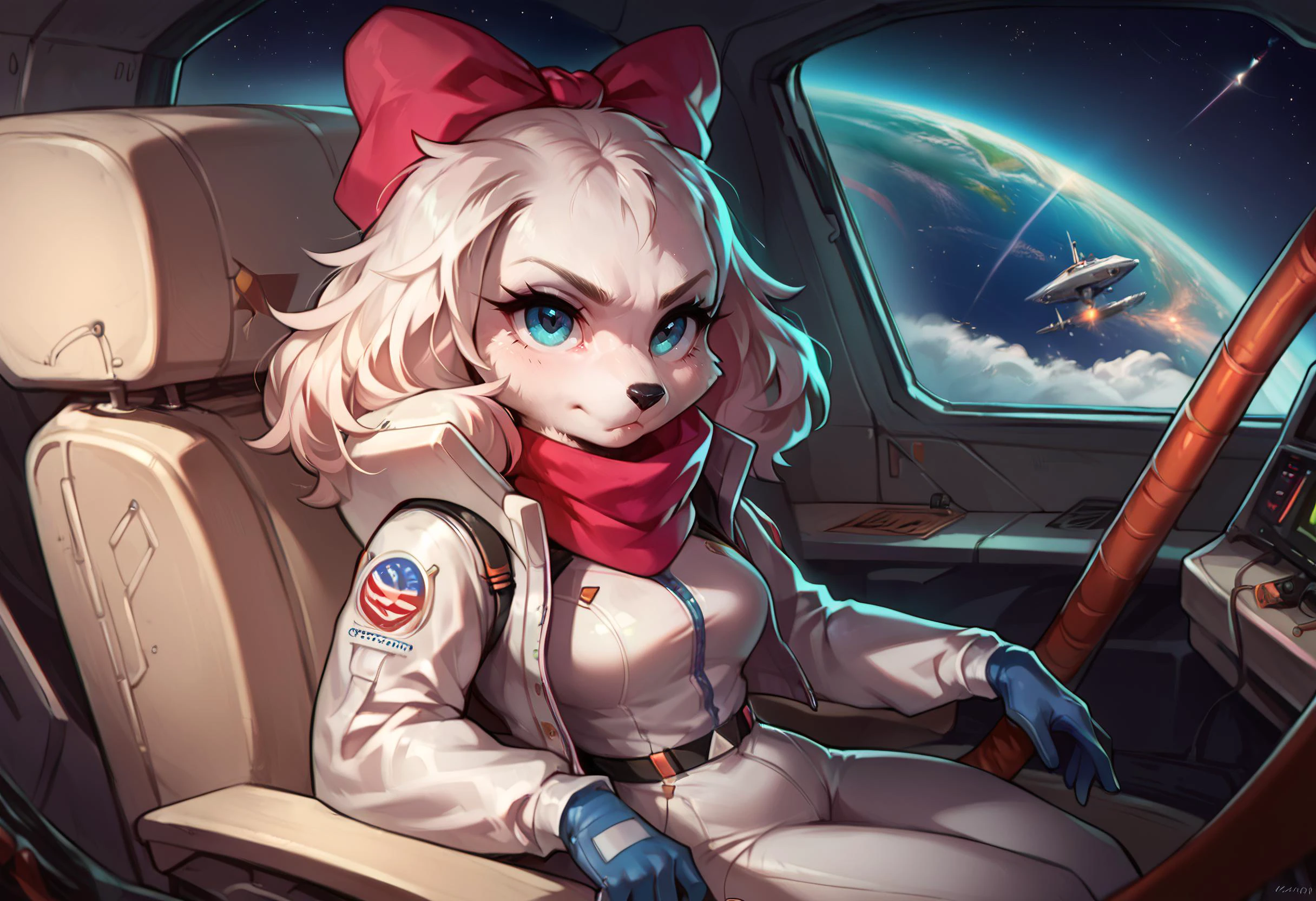 score_9, score_8_up, score_7_up, score_6_up,score_5_up,score_4_up, source furry, 1girl, fay, furry, cute, sexy, white tail, spacesuit, cockpit, focused, piloting, serious, sitting down on pilot seat, busy, fighter ship, in space port, crowded, <lora:Fay_Sinclair:1>, ZPDXL, <lora:more_details:1> <lora:Concept Art Ultimatum Style LoRA_Pony XL v6:1> smooth anime,