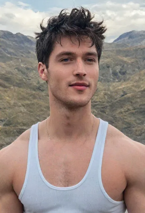 Ezra Miller a man <lora:Froy-Gutierrez_Ezra-Miller:0.8>, high quality, (wearing white tank top:1.2), alaska, snow, winter, large pectorals, ectomorph body, red, pink, blue