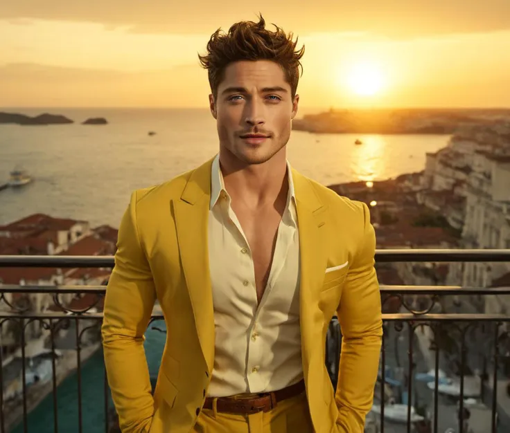 Nautical-themed (Photo:1.3) of (Ultrarealistic:1.3) <lora:Man_Men_FFashion:1> Ezra Miller a man <lora:Froy-Gutierrez_Ezra-Miller:0.8> in a yellow suit standing on a balcony, handsome man, attractive man, handsome male, sun behind him, inspired by Pablo Munoz Gomez, shot at golden hour, editorial photograph, midshot of a hunky, by Roman Bezpalkiv, by Artur Tarnowski, maxim sukharev, by Gabor Szikszai,Highly Detailed,(Mono Color:1.3) . Sea, ocean, ships, maritime, beach, marine life, highly detailed