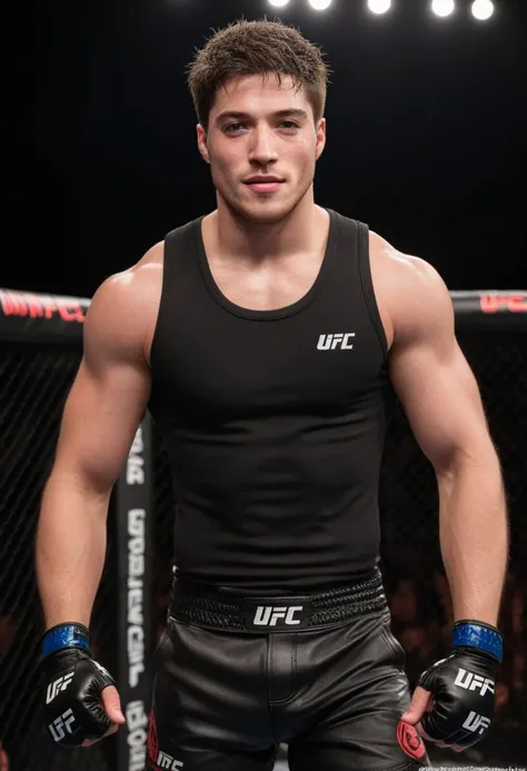 homoerotic photo of Ezra Miller a man <lora:Froy-Gutierrez_Ezra-Miller:0.8>, UFC fighting ring, cocky expression, as a UFC fighter, (black muscle shirt:1.4), Venum UFC shorts, ((full body portrait)), wide angle, ((masterpiece)), natural skin, natural body muscle definitions, adobe lightroom, photolab, intricate, highly detailed, sharp focus, insane details, intricate details, hyperdetailed, low contrast, soft cinematic light, exposure blend, dim colors, dim light, Award - winning, with Kodak Portra 800, a Hasselblad 500 ,55mm f/ 1.9 lens, extreme depth of field, available light, high contrast, Ultra HD, HDR, DTM, 8K,