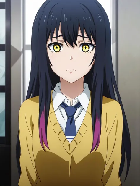 masterpiece ,best qaulity,
[anime screencap:0.34]
 <lora:yotsuya_miko:0.7>
 miko yotsuya,MIKO_YOTSUYA, MIERUKO,
constricted pupils, scared, closed mouth, 
yellow eyes, long hair, black hair, multicolored hair, (blue hair:0.9) bangs,[(MULTICOLORED HAIR:0.9):0.31],
break
yellow sweater, blue skirt, pleated skirt, blue necktie,
facing viewer, looking at viewer, 
standing,