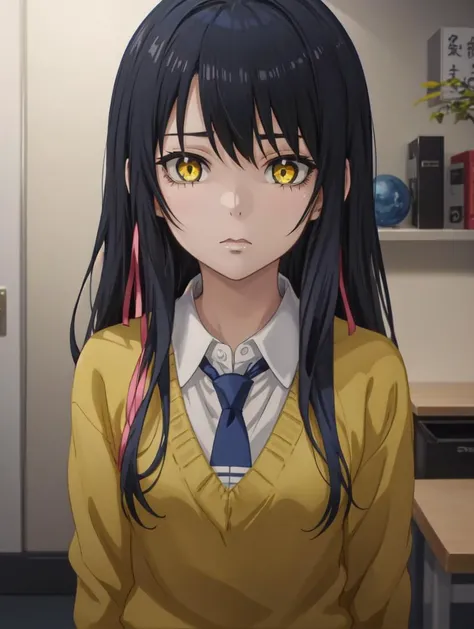 masterpiece ,best qaulity,
[anime screencap:0.34]
 <lora:yotsuya_miko:0.7>
 miko yotsuya,MIKO_YOTSUYA, MIERUKO,
constricted pupils, scared, closed mouth, 
yellow eyes, long hair, black hair, multicolored hair, (blue hair:0.9) bangs,[(MULTICOLORED HAIR:0.9):0.31],
break
yellow sweater, blue skirt, pleated skirt, blue necktie,
facing viewer, looking at viewer, 
standing,
