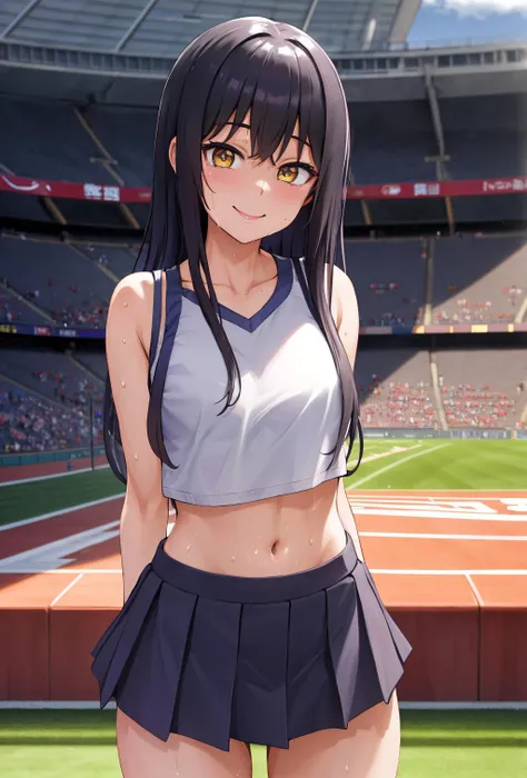 masterpiece,best quality,highres,ultra-detailed,yotsuya miko,long hair,<lora:yotsuya_miko:0.7>,midriff, miniskirt, stadium, standing, sweat, smile