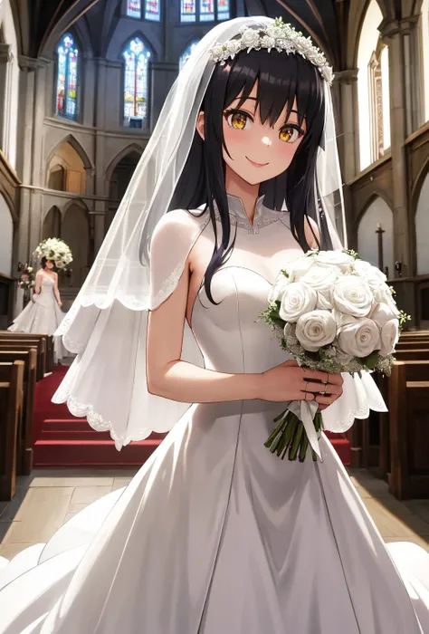 masterpiece,best quality,highres,ultra-detailed,yotsuya miko,long hair,<lora:yotsuya_miko:0.7>, (wedding dress:1.2),white dress,(veil:1.2),church,smile, indoor,,standing,cowboy shot,holding bouquet,