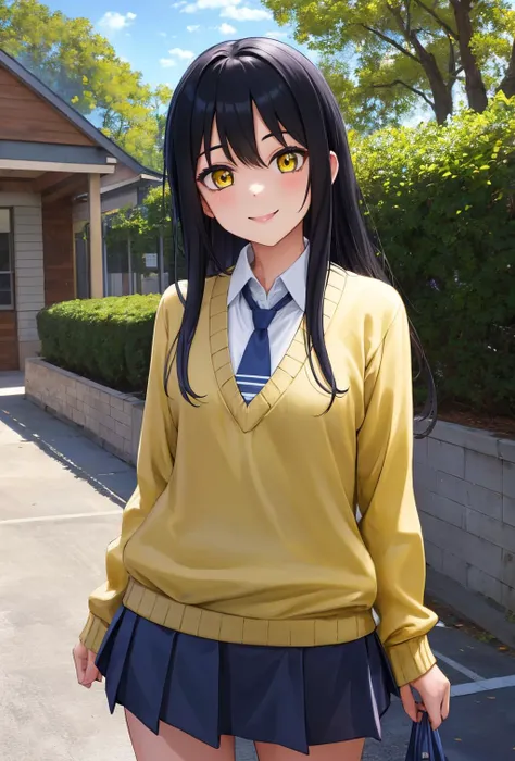 masterpiece,best quality,highres,ultra-detailed,yotsuya miko,long hair,school uniform,necktie,yellow sweater,white shirt,long sleeves,blue skirt,socks,black socks,loafers,<lora:yotsuya_miko:0.7>,outdoors,cowboy shot,smile,standing,