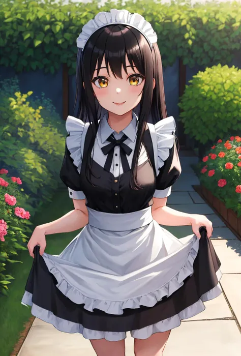 masterpiece,best quality,highres,ultra-detailed,yotsuya miko,long hair,<lora:yotsuya_miko:0.7>,smile, maid, maid headdress, black dress, garden, standing, skirt hold,