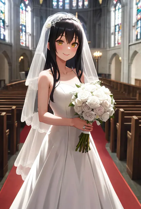 masterpiece,best quality,highres,ultra-detailed,yotsuya miko,long hair,<lora:yotsuya_miko:0.7>, (wedding dress:1.2),white dress,(veil:1.2),church,smile, indoor,,standing,cowboy shot,holding bouquet,