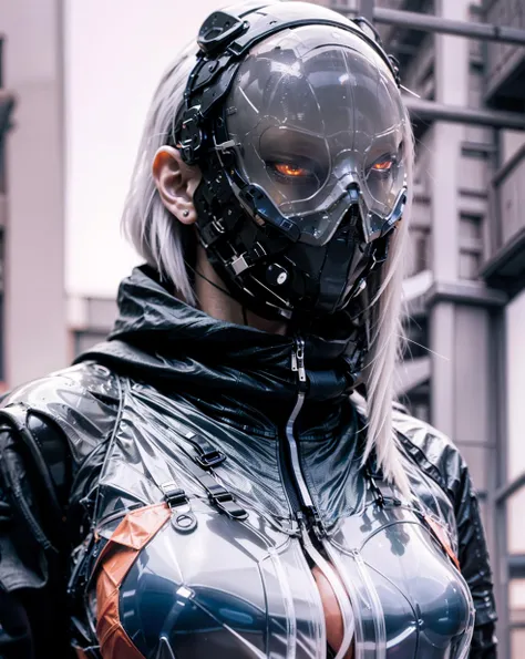 (Masterpiece, photorealistic, photorealism, best quality, ultra-detailed)1.2, official art, cinematic light, perfecteyes eyes, (1girl)1.3, (solo)1.4, adult, white hair, hair ornament, hair over one eye, blue eyes, earrings, braided ponytail, while posing in black, with a heartshaped  tattoo on stomach in a dungeon, full body, <lora:Cyberhelmet:0.8> helmet, (beautiful woman) cyberpunk