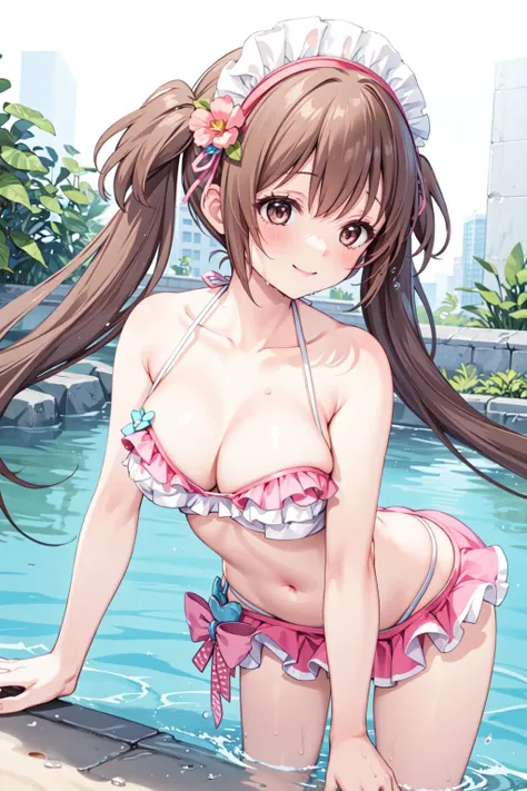 1girl,solo, <lora:mizuki2-000012:0.5>mizukiT,twintail,brown eyes,brown hair,smile,
standing,wet,pond,looking back,
<lora:pinkfrilledswimsuitV1:0.8>,pink frilled bikini,bikini skirt,
maid headdress, hair flower,from below,leaning forward, cleavage,