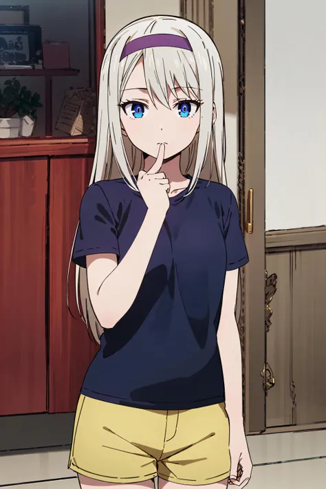 best quality, (masterpiece:1.2), detailed,
<lora:chara_Kaguya-samaWaKokurasetai_ShiroganeKei_v1:0.8>,
1girl, solo, expressionless,
grey hair, blue eyes, long hair, purple hairband,
blue shirt, yellow shorts,
standing, looking at the viewer,
indoors
