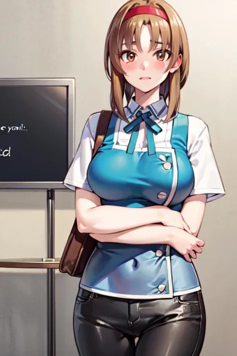 masterpiece, best quality, 1girl,<lora:takao:1>,hair band,brown hair,school uniform,large breast,BREAK,from front,looking at viewer,focus breasts
