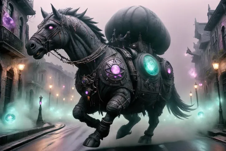 Magical mature balloon-animal patrolling a road curving through a ruined city. Black-toned, (British racing green:0.5) rune inlays, (mauve:0.8) glowing magical fog. wizardcoreai <lora:WizardCoreAI:1>