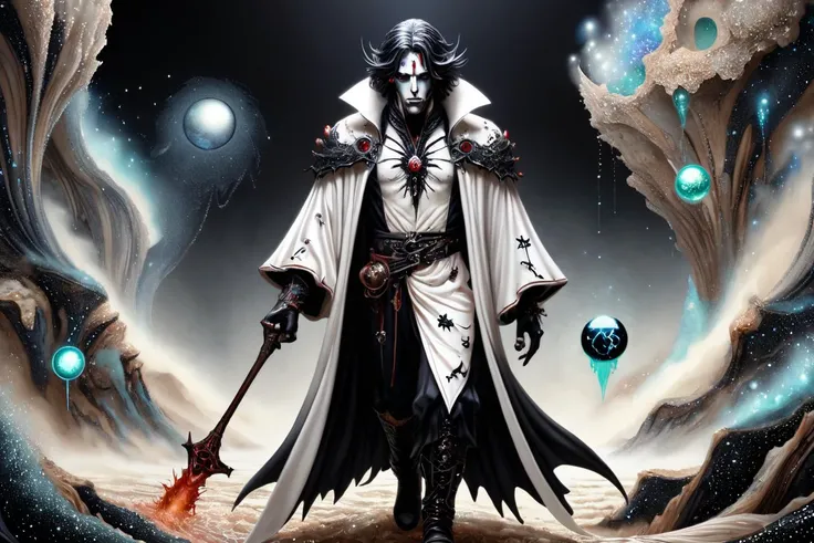xlmrblng15-1300 mystical (Renaissance:0.75), male vampire walking in a rocky landscape. Black-tinted, white runic inlays. wizardcoreai <lora:WizardCoreAI:0.75>